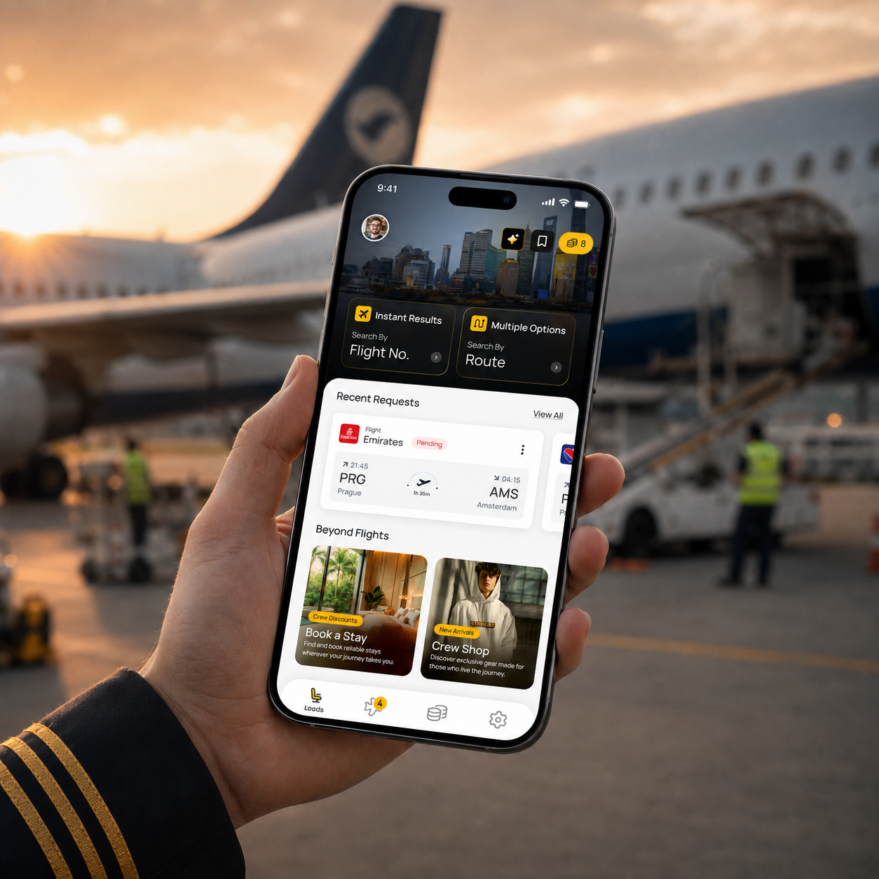 The StandBy Travel app open on a phone at the aircraft door, listing live standby seat counts for three routes