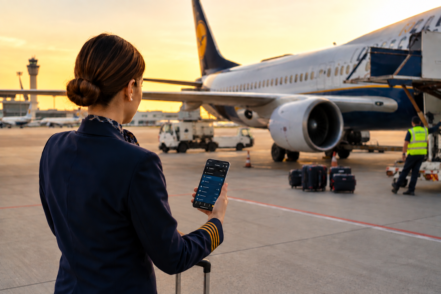 An airline crew member on the apron checking the StandBy app on her phone beside an aircraft at sunset