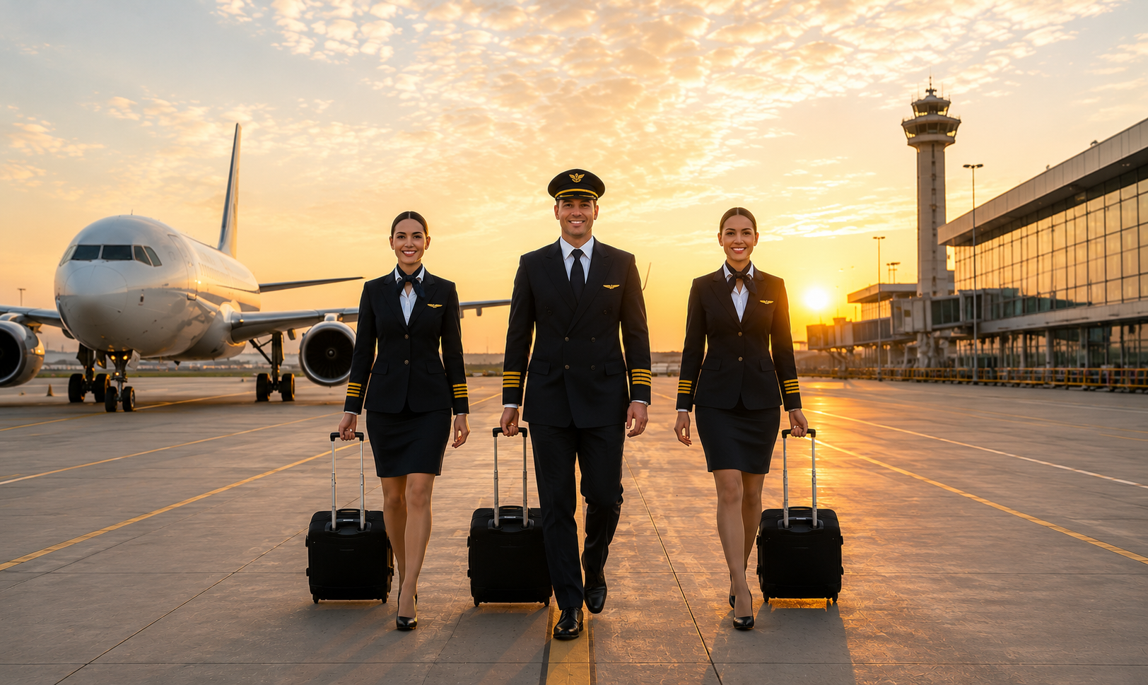 A pilot and two cabin crew smiling as they walk across the apron at sunrise with an aircraft behind them